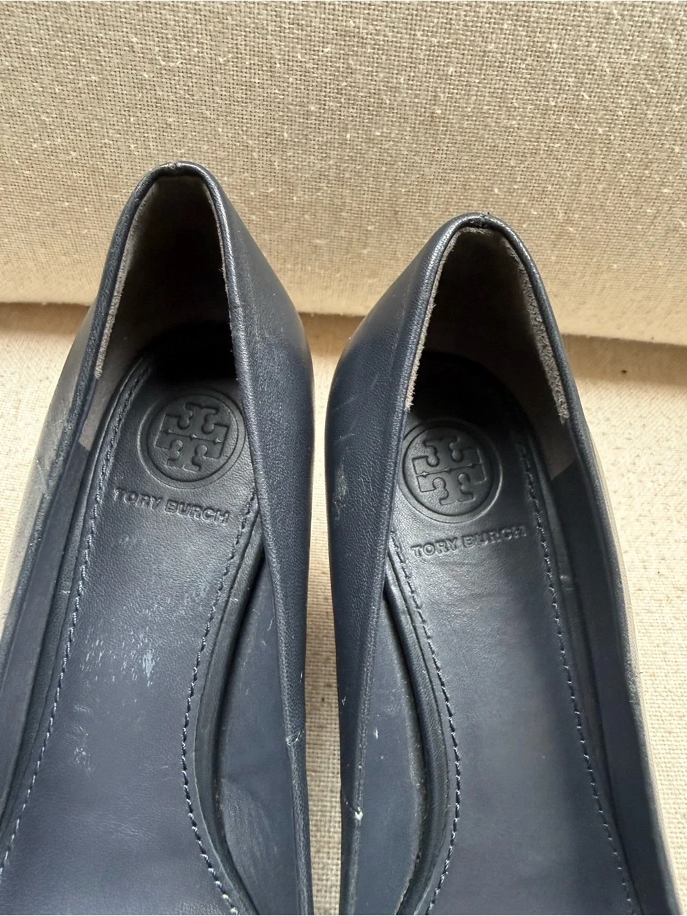 Tory Burch Black Leather Flats with Gold Logo Medallions